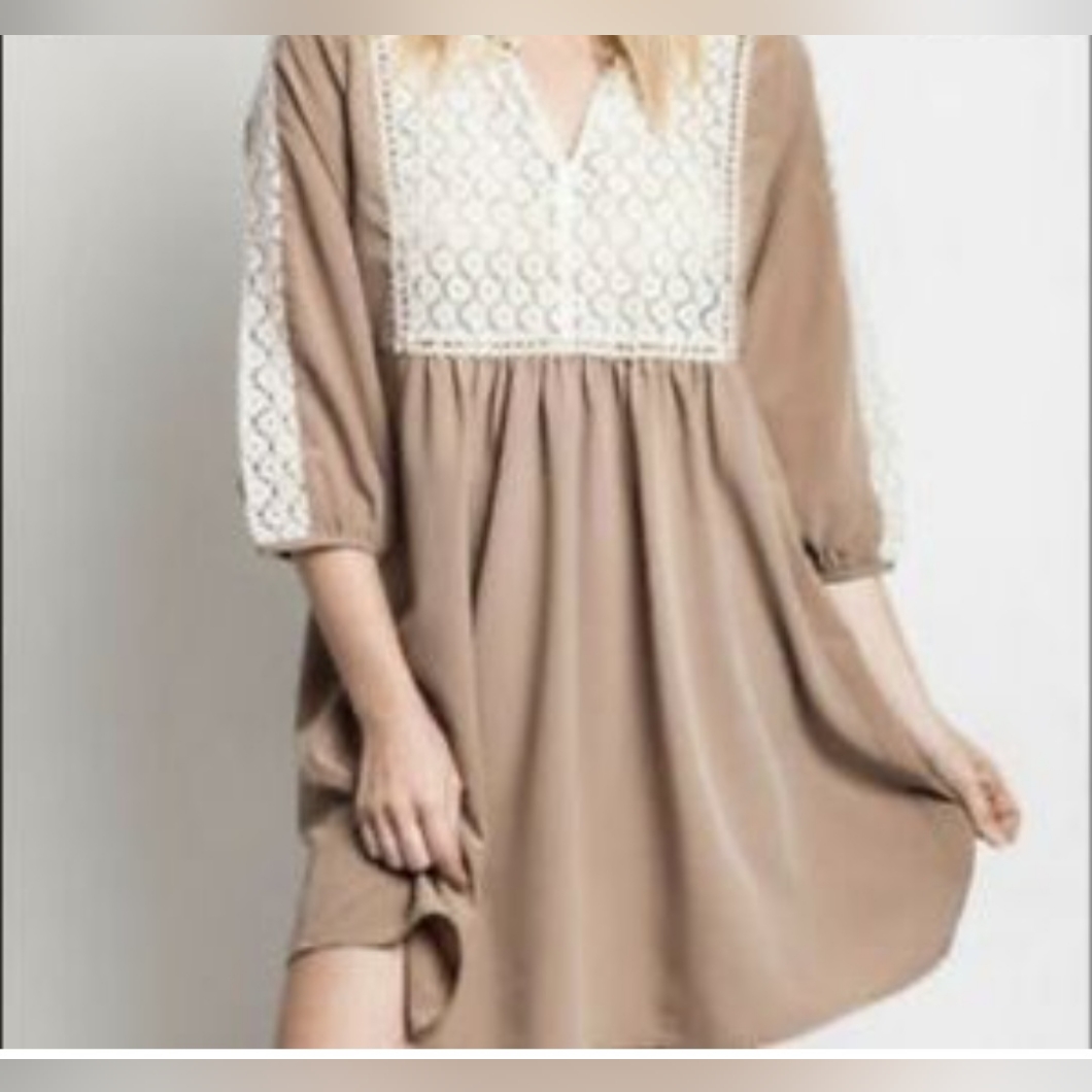 Ladies Umgee Baby Doll Tunic Dress Brown White Pullover 3/4 Sleeve Lace Lrg